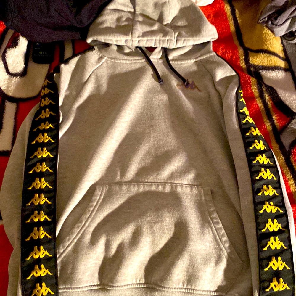kappa hoodie, grey black and gold, size small.